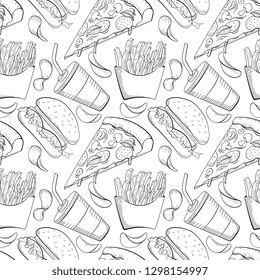 Hand drawn fast foods doodle style background. 
