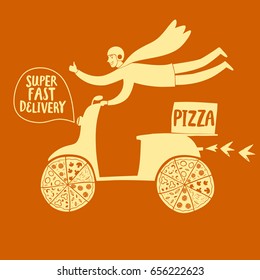 Hand drawn fast motorcyclist with Italian pizza. Pizza delivery illustration with title for your design.
