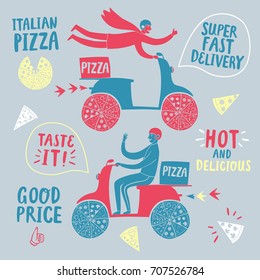Hand drawn fast motorcyclists with Italian pizza. Colorful pizza delivery illustration with different titles for your design.