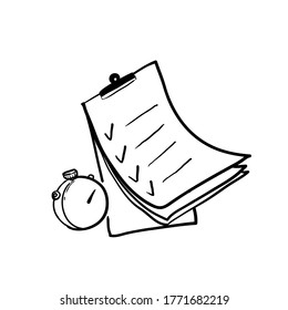 hand drawn Fast services, check list and stopwatch, to do plan, procrastination and efficiency, project management, quick questionnaire, short survey, doodle