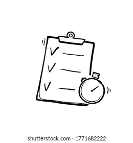 hand drawn Fast services, check list and stopwatch, to do plan, procrastination and efficiency, project management, quick questionnaire, short survey, doodle