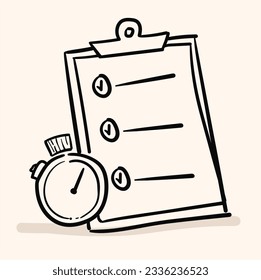 hand drawn Fast services, check list and stopwatch, to do plan, procrastination and efficiency, project management, quick questionnaire, short survey, doodle