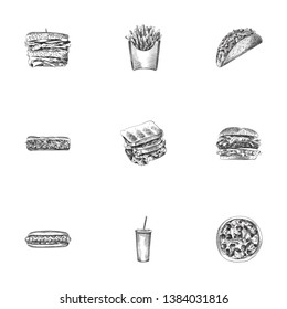 Hand drawn fast sketches set. Collection of soda, hamburger, french fries and other sketch elements.