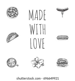 Hand Drawn Fast Sketches Set. Collection Of Fork, Cheeseburger, Sausage And Other Sketch Elements.