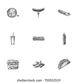 Hand Drawn Fast Sketches Set. Collection Of Pizza On Plate, Fast Food, Hamburger And Other Sketch Elements.