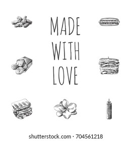 Hand Drawn Fast Sketches Set. Collection Of Grill, Fried, Burger And Other Sketch Elements.