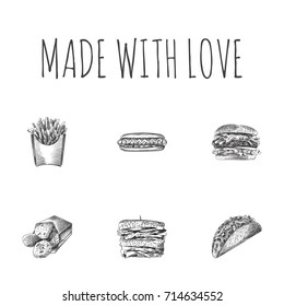 Hand Drawn Fast Sketches Set. Collection Of Burger, Potato, Grill And Other Sketch Elements.