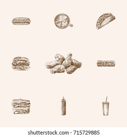 Hand Drawn Fast Sketches Set. Collection Of Ketchup, Drink, Burger And Other Sketch Elements.