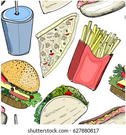 Hand drawn fastfood. Colored vector seamless pattern