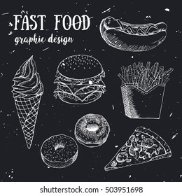 Hand drawn fastfood set. Creative vector illustration designed to logo, label, emblem design for street food menu, restaurant, snack bar or pizzeria.