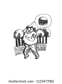Hand drawn fat man jogging, thinking food, funny
