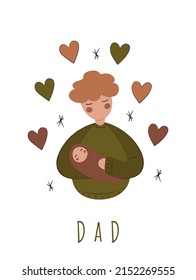 Hand drawn Father's Day card. Father holding baby poster. Vector illustration.