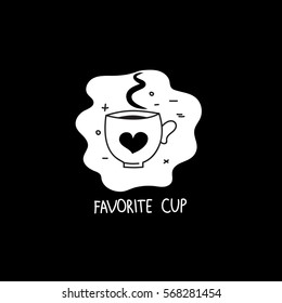Hand drawn favorite cup with heart. Logo cafe. Icon coffee shop. Vector illustration.