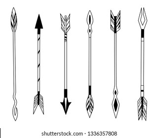 Hand drawn feather arrow, tribal feathers on pointer and decorative boho bow, feather indian arrowhead. Native aztec or hipster tattoo sketch isolated vector symbols set.