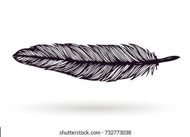 Hand drawn feather isolated on white background. Artistic ink vector illustrations. Vintage tribal feather. Outline vector drawing.