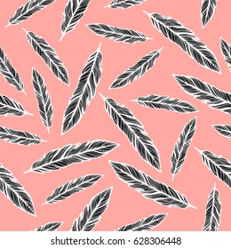 hand drawn feather seamless vector pattern. Endless background.