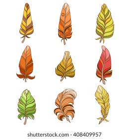 Hand Drawn Feather Set Of Colorful Vector Flat Icons In Trendy Watercolor Style On White Background
