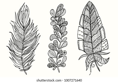 Hand drawn feather set with doodle, zentangle, floral, vintage elements Isolated on white. Vector illustration.