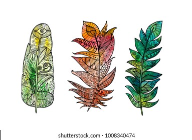 Hand drawn feather set with doodle, zentangle, floral, vintage elements and watercolor background. Isolated on white. Vector illustration.