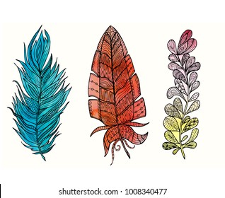 Hand drawn feather set with doodle, zentangle, floral, vintage elements and watercolor background. Isolated on white. Vector illustration.