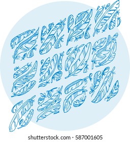 Hand drawn feather set. Geometric square style. Vector lllustration. Ethnic boho design. May be used at coloring book for adults design.