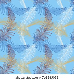 Hand drawn  feather  in trendy color on blue backgound.  Seamless pattern. Background, wrap, cover, fabric, decoration.