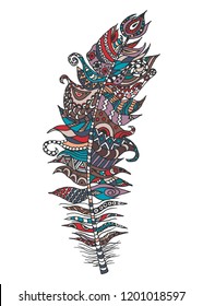 Hand drawn feather vector vintage illustration. Doodle tribal feather.  Element for greeting card, henna and tattoo design.