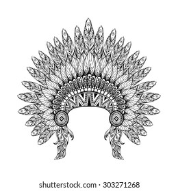 Hand Drawn Feathered War bonnet, Indian chief mascot in zentangle style, high detailed headdress for Indian Chief. American boho spirit. Hand drawn sketch vector illustration for tattoos.