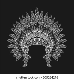 Hand Drawn Feathered War bonnet in zentangle style, high datailed headdress for Indian Chief. American boho spirit. Hand drawn white sketch vector illustration for tattoos. 