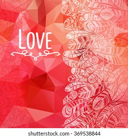 Hand drawn feathers background  with save the date type design.Beautiful Valentine's day love card. I love you.  Love is in the air