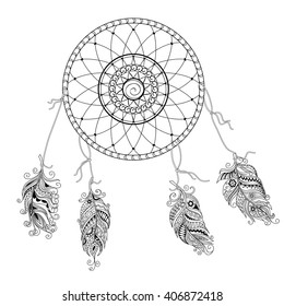 Hand drawn feathers and dream catcher isolated on white. Boho style. Image for adult and children coloring books, pages, tattoo, decorate dishes, cups, porcelains, shirts, dresses, bags, tunics. EPS 8 svg