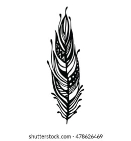 Hand drawn feathers. ink vector illustration. boho style design elements. ethnic creative doodles. isolated on white background.
