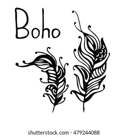Hand drawn feathers. ink vector illustration. boho style design elements. ethnic creative doodles. isolated on white background.