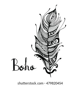 Hand drawn feathers. ink vector illustration. boho style design elements. ethnic creative doodles. isolated on white background.