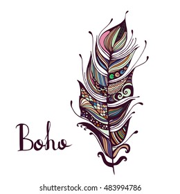 Hand drawn feathers. ink vector illustration. boho style design elements. ethnic creative doodles. isolated on white background.