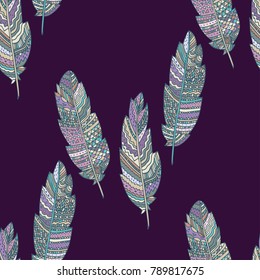 Hand drawn feathers pattern, zentangle sketched background. Textile and wrapping design, vector illustration.