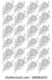 Hand drawn feathers of Peacock for adult coloring page A4 size in doodle, zentangle style, ethnic ornamental patterned print, monochrome sketch. Floral printable vector illustration.