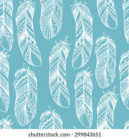 Hand drawn feathers seamless pattern