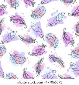 Hand drawn feathers seamless pattern.