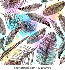 Hand drawn feathers seamless pattern with bird plumes and colorful painting stains vector illustration