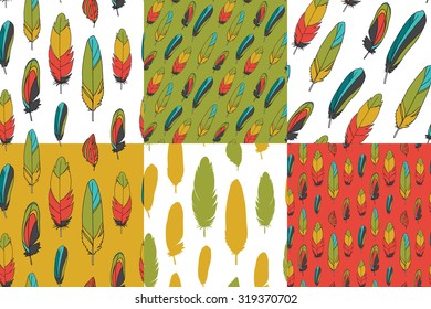 Hand drawn feathers seamless patterns set. Vector bird feathers print.