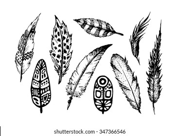 hand drawn feathers set