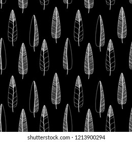 Hand drawn feathers set. Monochrome Vector Seamless Pattern.