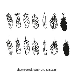 Hand drawn feathers set on white background. Stylized vector feathers in black and white style. Earrings.