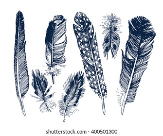 Hand drawn feathers set on white background