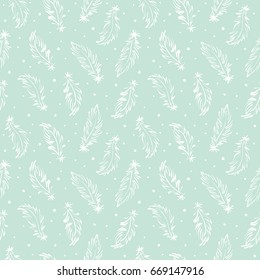 Hand drawn feathers and specks, flecks, blobs seamless vector pattern. Boho style simple background. Tiny swan feathers with uneven dots, splash, blots, speckles endless texture. Mint green and white.