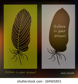 Hand drawn feathers and text card on blurred background. Vector illustration. Best for invitations, postcards, textiles
