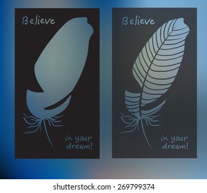 Hand drawn feathers and text card on blurred background. Vector illustration. Best for invitations, postcards, textiles