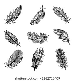 Plumas dibujadas a mano. Ilustración del doodle vectorial. Aislado sobre fondo blanco para el diseño de los farolillos