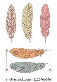 Hand drawn feathers vector illustration. Ethnic feathers isolated on white background